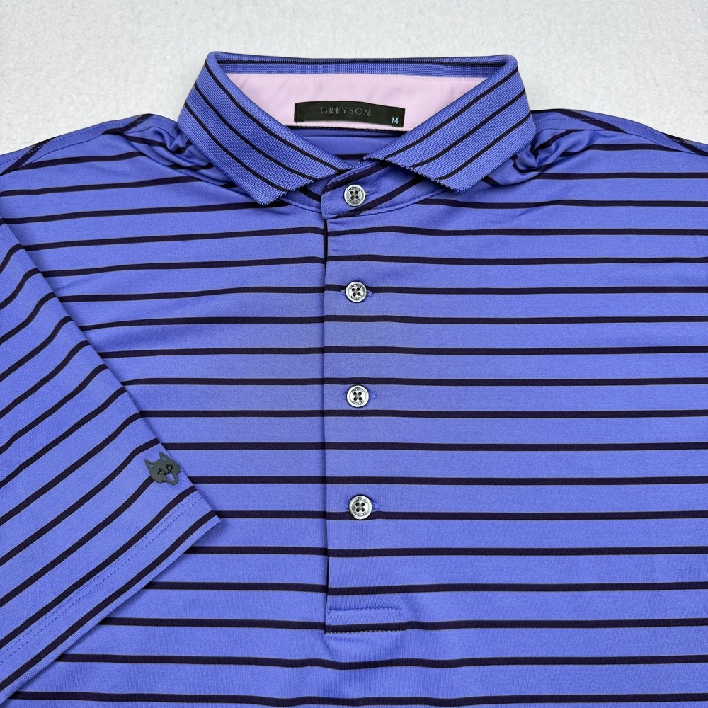 Greyson Polo Shirt Mens Medium Purple Stripe Golf Performance Stretch Logo